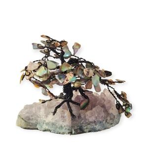 Vtg Stone & Abalone Shell Wire Asian Art Sculpture Tree of Life Figurine Signed